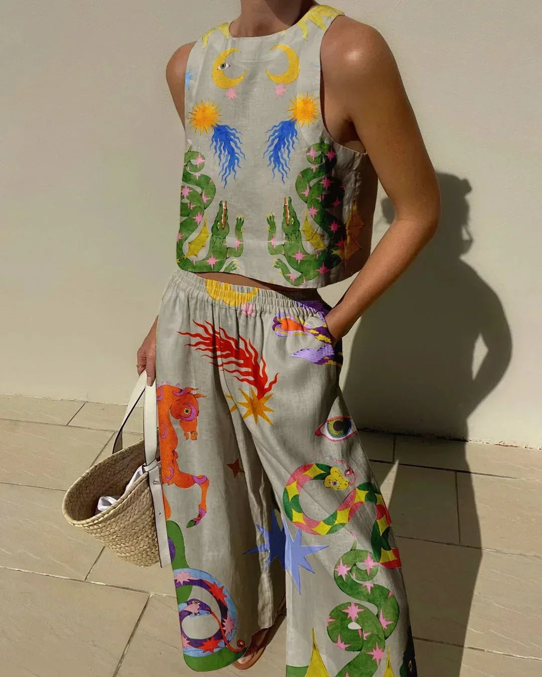 Casual Printed Pant Suits For Women Vintage Crew Neck Sleeveless Vest High Waist Loose Trouser Sets Female Beach Holiday Outfits Grey