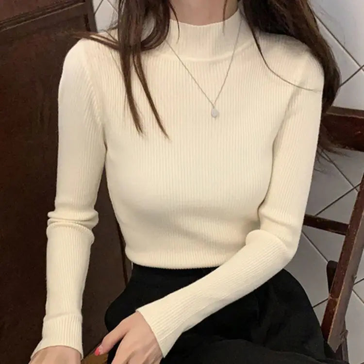 Autumn Winter Mock Neck Women Sweater Vintage Basic Solid Knitted Tops Casual Slim Pullover Korean Sweaters Simple Chic Jumpers Beige One Size