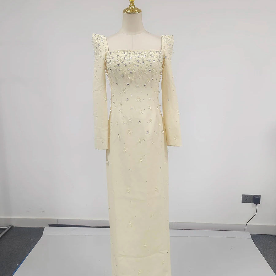 TWOTWINSTYLE Solid Slimming Spliced Bead Luxurious Midi Dresses for Women Square Neck Long Sleeves Split Elegant Dress Female