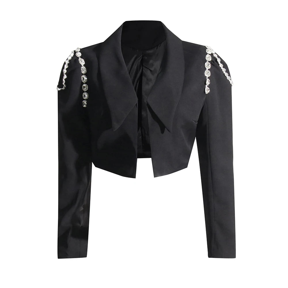 TWOTWINSTYLE Slimming Solid Blazers For Women Lapel Long Sleeve Patchwork Diamond Temperament Blazer Female Fashion Clothing New black
