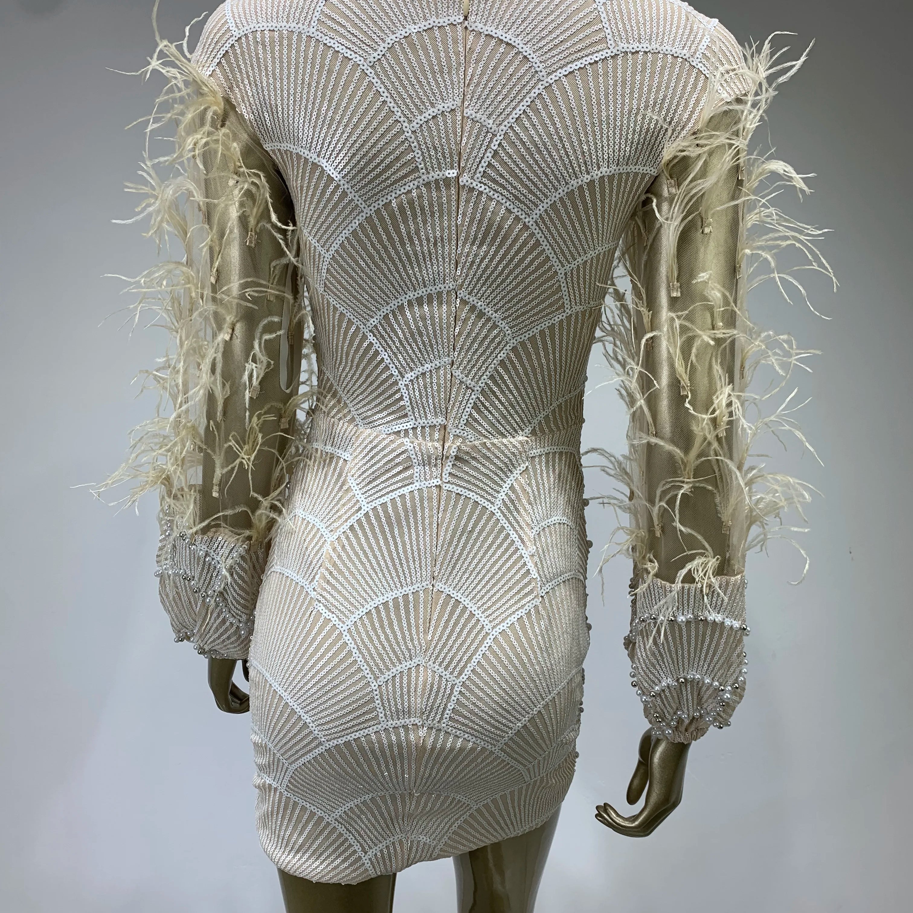 Women Summer Sexy Long Sleeve Beige Sequins Mesh Pearl Feather Mini Bodycon Gowns Dress 2023 Elegant Evening Party Club Dress