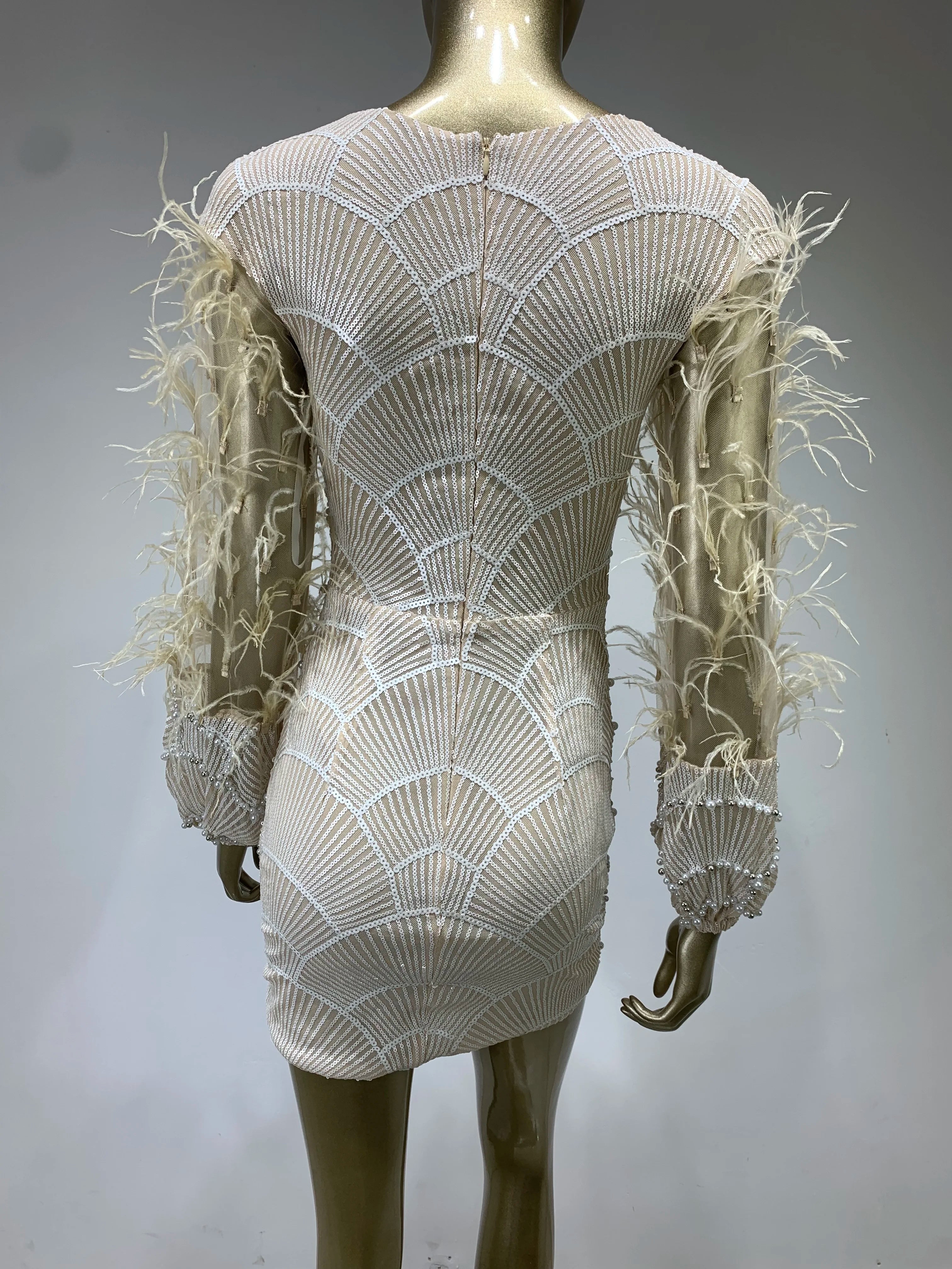 Women Summer Sexy Long Sleeve Beige Sequins Mesh Pearl Feather Mini Bodycon Gowns Dress 2023 Elegant Evening Party Club Dress