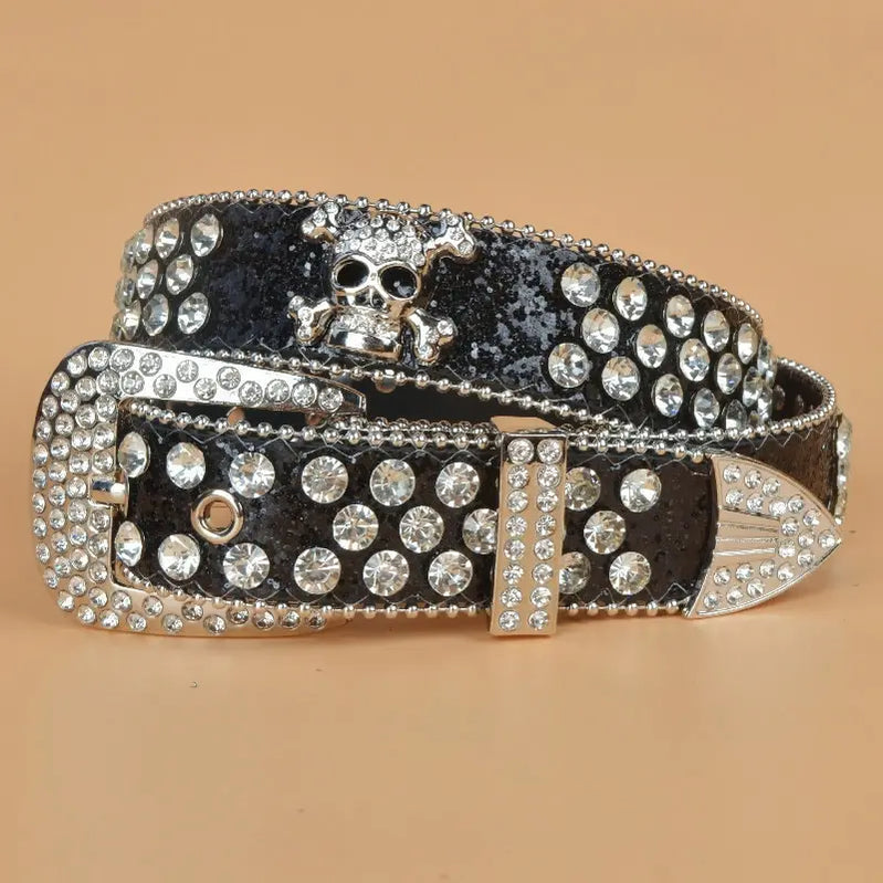 Halloween Belt Ladies Skull Rhinestone Belts European and American Style Women Stretching Denim Outdoor Style Belt black