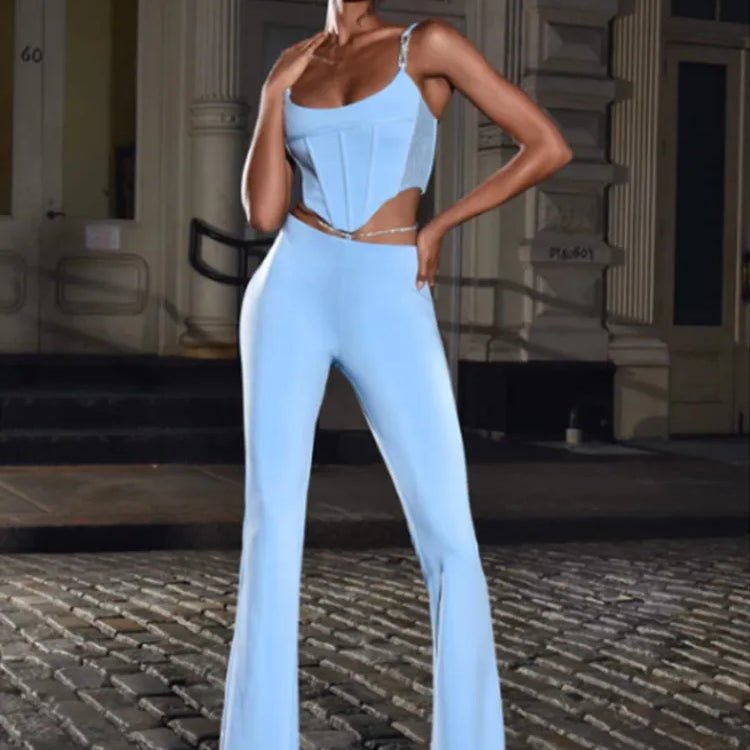 Shiny Chain Sling Sleeveless Cropped Top and Pants 2 Piece Set 2022 New Summer Women's Sexy Club Party Pants Set Outfits