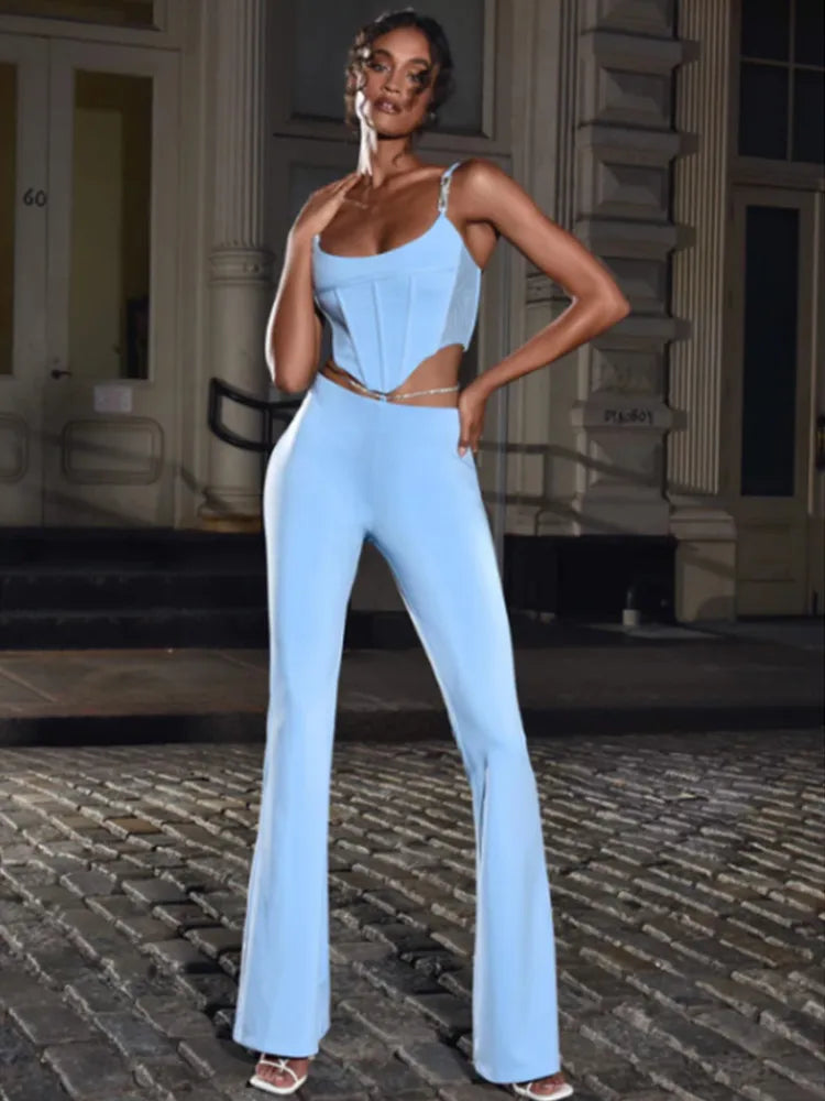 Shiny Chain Sling Sleeveless Cropped Top and Pants 2 Piece Set 2022 New Summer Women's Sexy Club Party Pants Set Outfits