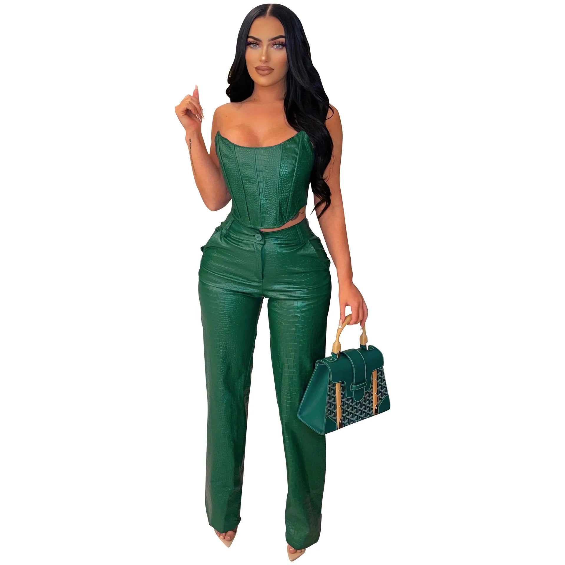 Women's Green Corset Cut-Out Cargo Metallic Jumpsuits PU Leather Matching Set Sexy Clubwear 2 Piece Outfits green