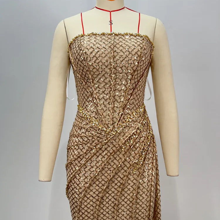 Women Celebrity Sexy Strapless Sequins Gold Crystal Split Maxi Long Gowns Dress 2024 Elegant Evening Party Club Vestido
