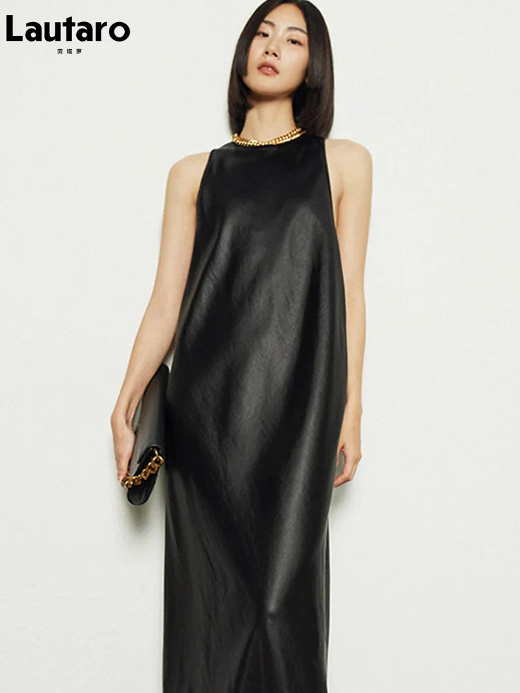 Spring Black Extra Long Faux Leather Tank Dress Autumn Elegant Stylish Backless Maxi Dresses for Women Clothing 2021 Black