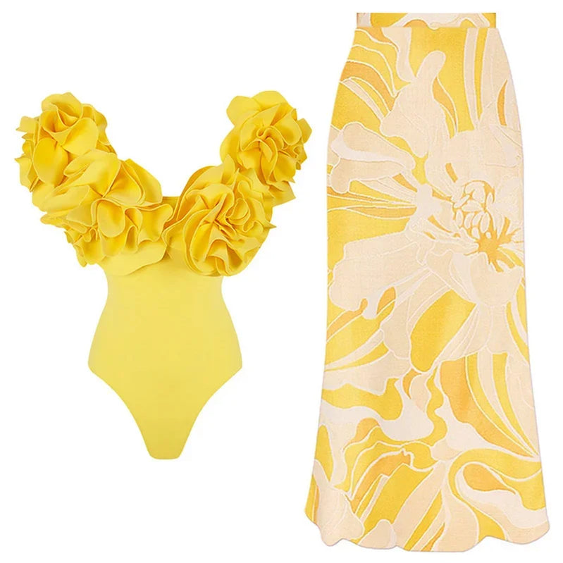 Solid Yellow Women Sexy 3D Flower One Piece Swimsuit Swimwear Off Shoulder Beachwear Summer Monokini Surf Wear Bathing Suit ye-1 set