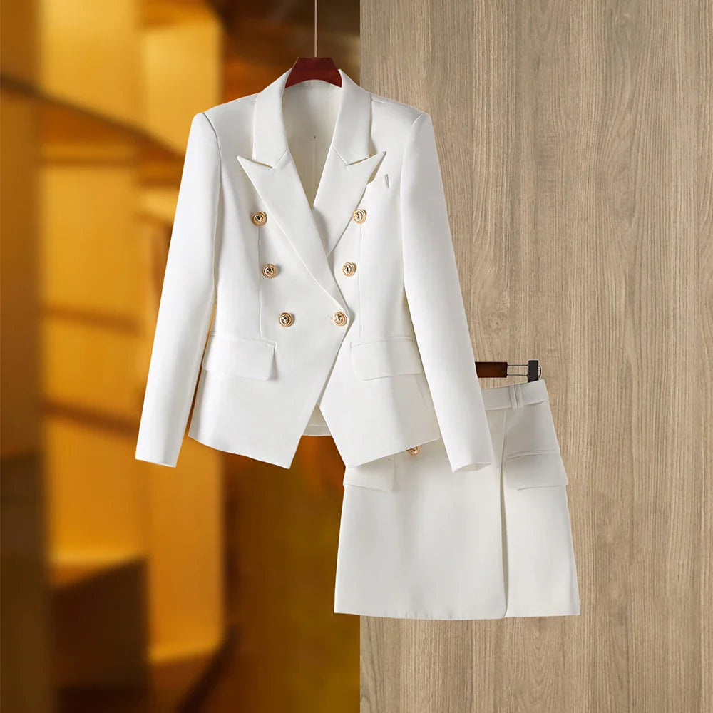 HarleyFashion Gorgeous Design Women 2PCS Blazer Suits Solid Color Summer Blue Skirt Twin Sets Mini Street Clothing for Lady WHITE