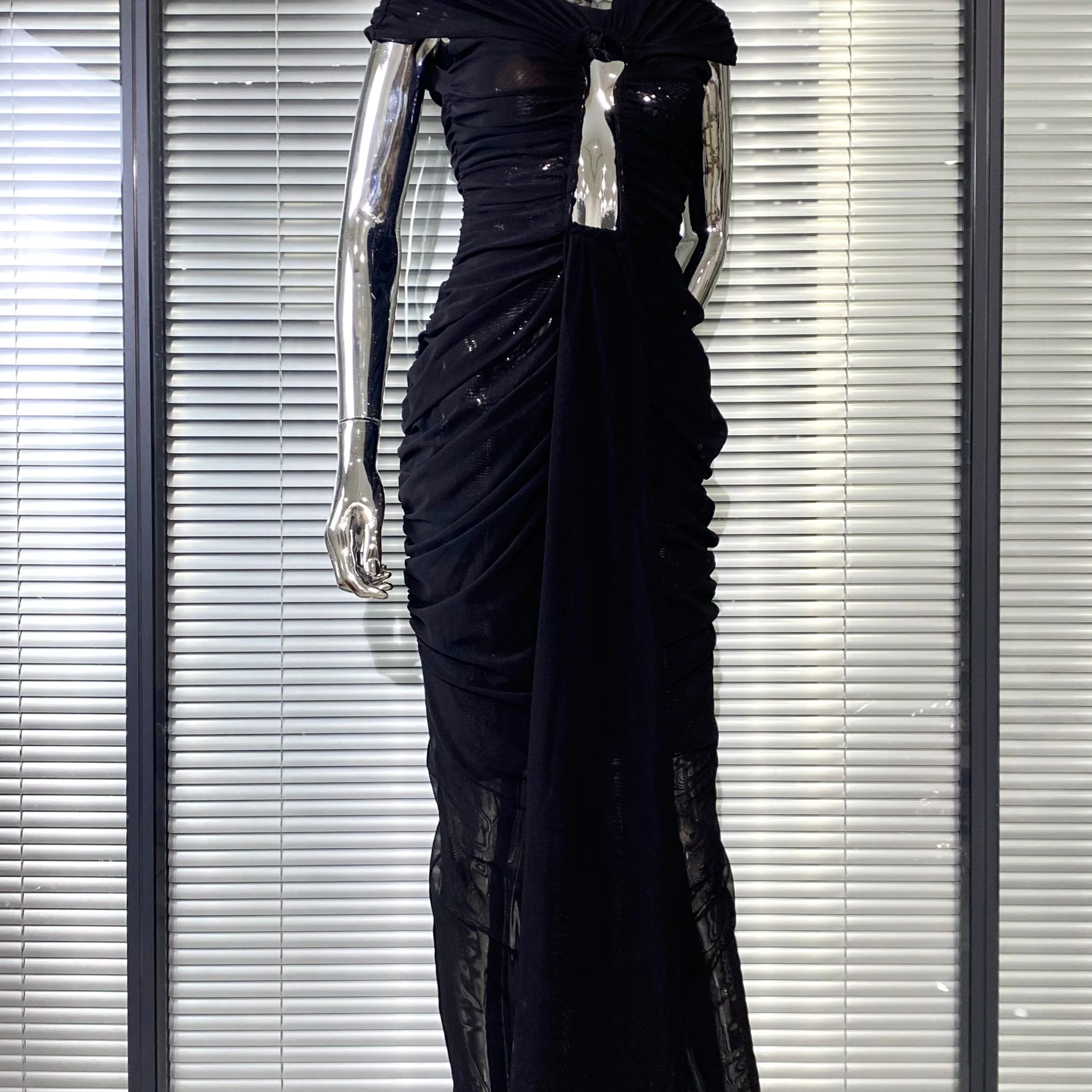 New Sexy Hollow Out SeeThrough Mesh Ankle Leng Evening Dress Fashion Woman Birthday Party Vestido Celebrity Evening Party Outfit