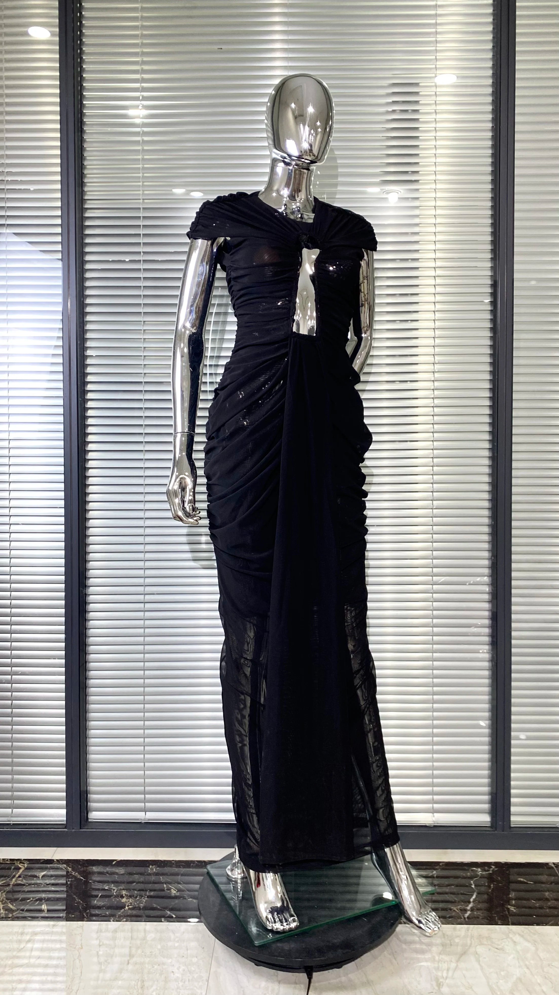 New Sexy Hollow Out SeeThrough Mesh Ankle Leng Evening Dress Fashion Woman Birthday Party Vestido Celebrity Evening Party Outfit