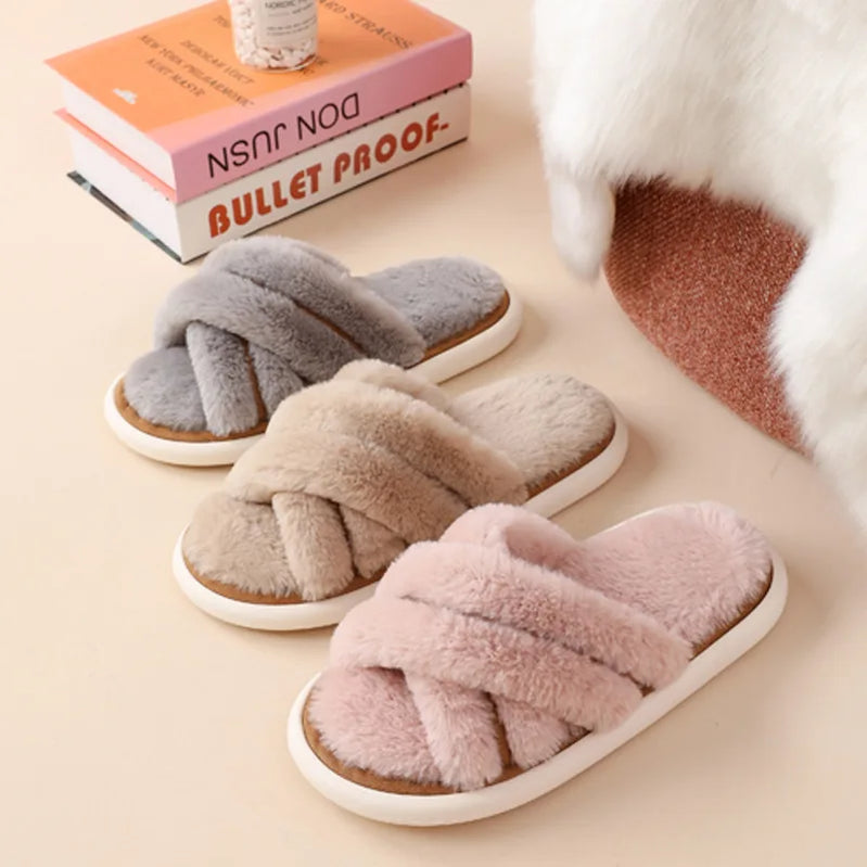 Winter Women Home Indoor Casual Slippers Female Flip Flops Fluffy Shoes Cross Design Slides Ladies Soft Warm Plush Slipper