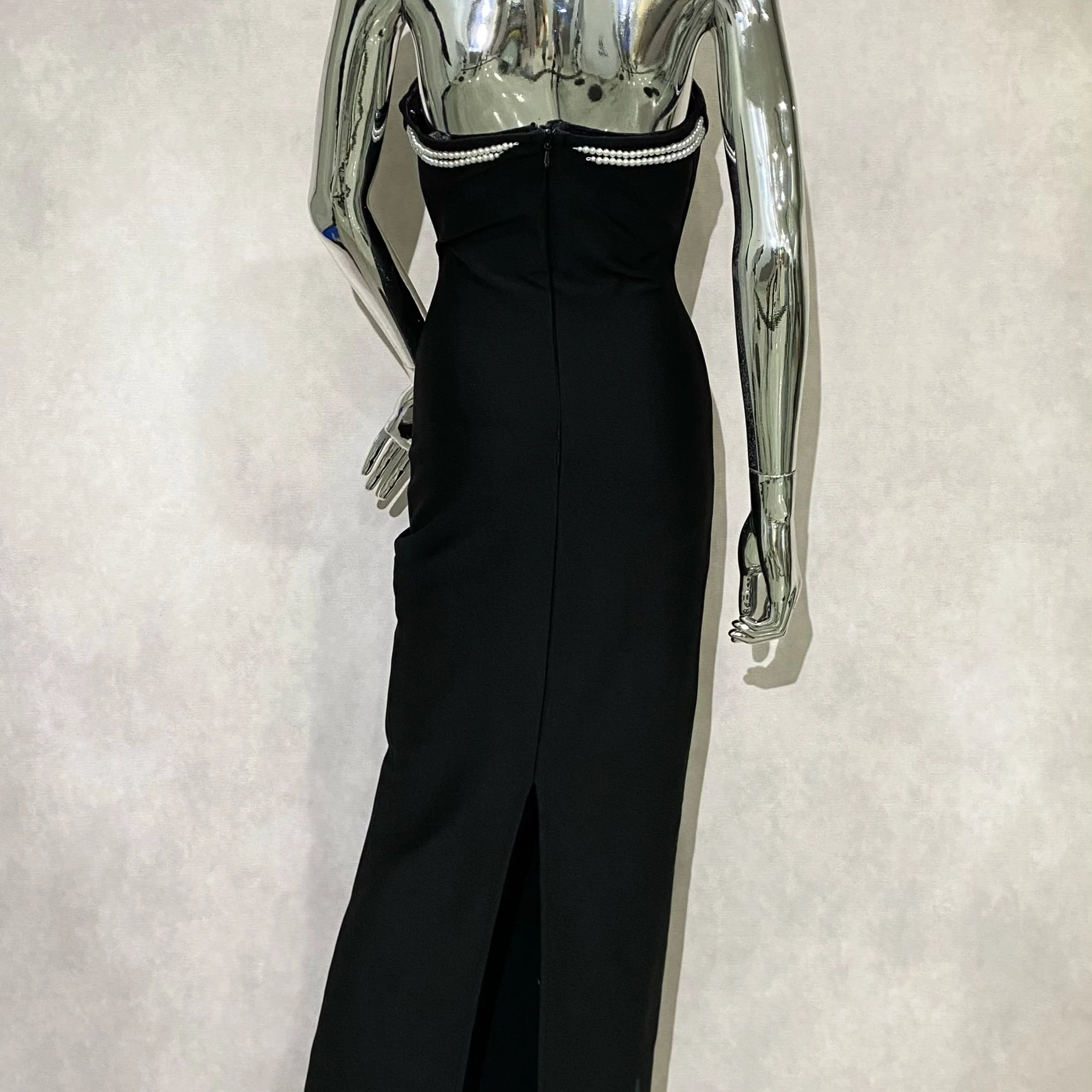 Stereoscopic Pearl Design Sexy V-Neck Package Hips Black Bandage Long Dress Elegant Woman Party Dress Celebrity Benquet Vestido