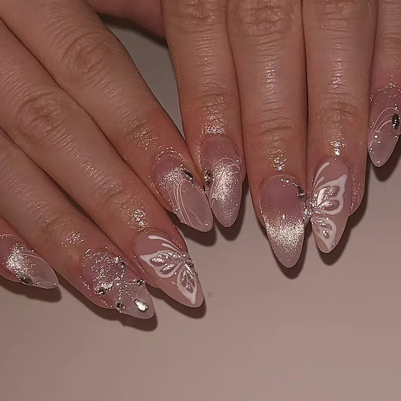 24Pcs Mid-length Brown French Almond Nails Set Press on White Dot Detachable False Nails 3D Bow Pearl Full Cover Fake Nails Tips