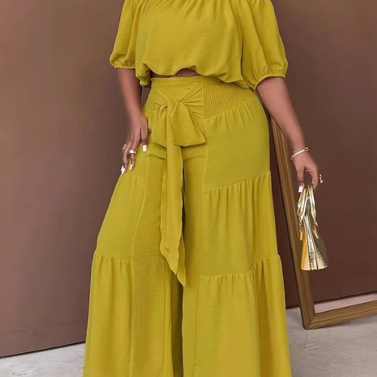 Plus Size Summer 2 Two Piece Set Women Casual Fashion Ladies Cropped Blouses Wide Leg Loose Pleated Woman Long Pant