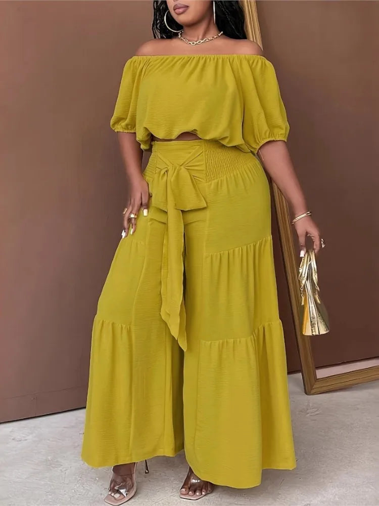Plus Size Summer 2 Two Piece Set Women Casual Fashion Ladies Cropped Blouses Wide Leg Loose Pleated Woman Long Pant