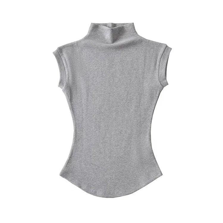 Women Summer Sexy Turtleneck Sleeveless T-Shirts Tops Solid Slim Fit Pullovers Causal Tees Shirts Female Streetwear Basics Tees GRAY