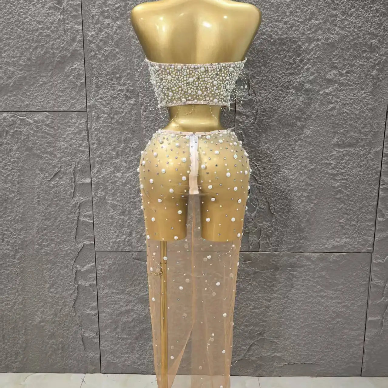 STOCK Fashion Women Sleeveless Sexy Beading Mesh See Through 2 Pieces Bodycon Dress Celebrate Nightclub Party Outfit Vestido