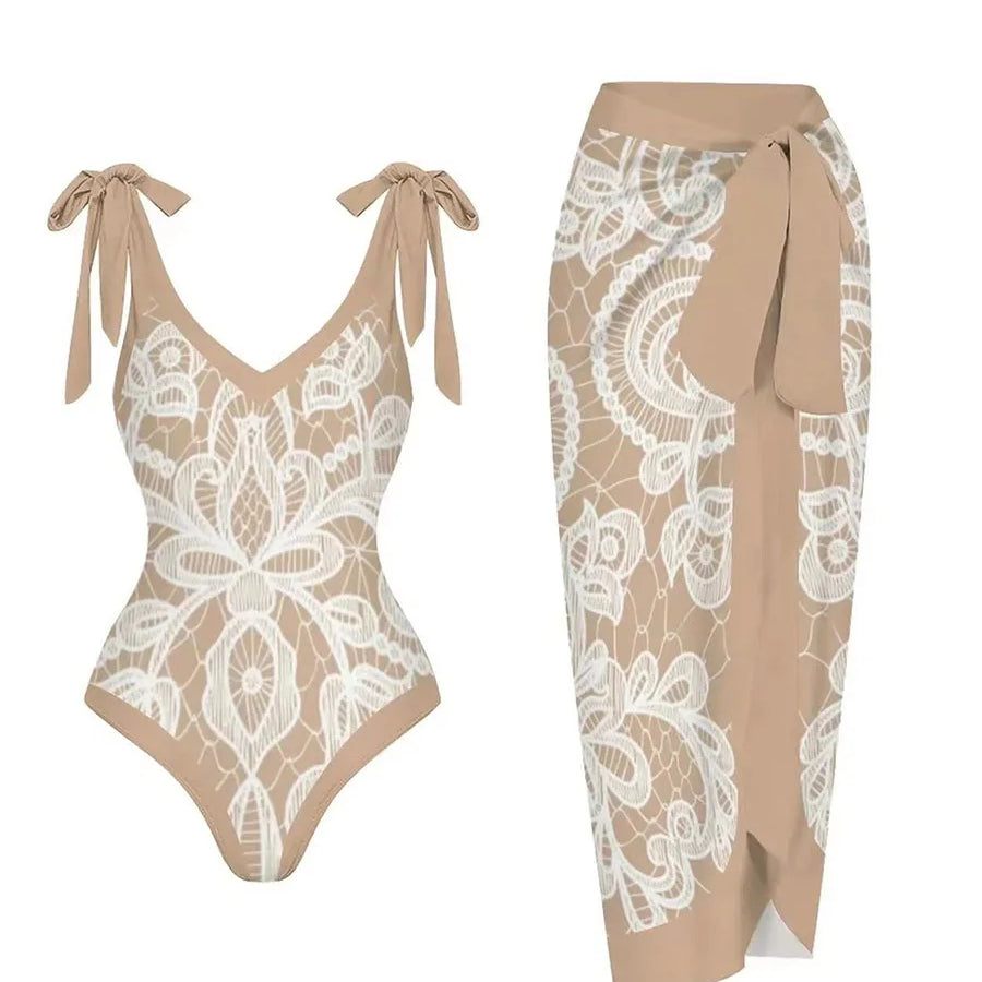 String One Piece Swimsuit & Vent Skirt Padded Sexy Swimwear Women Bathing Suit Female Swimming Summer Beachwear Bodysuit Beige