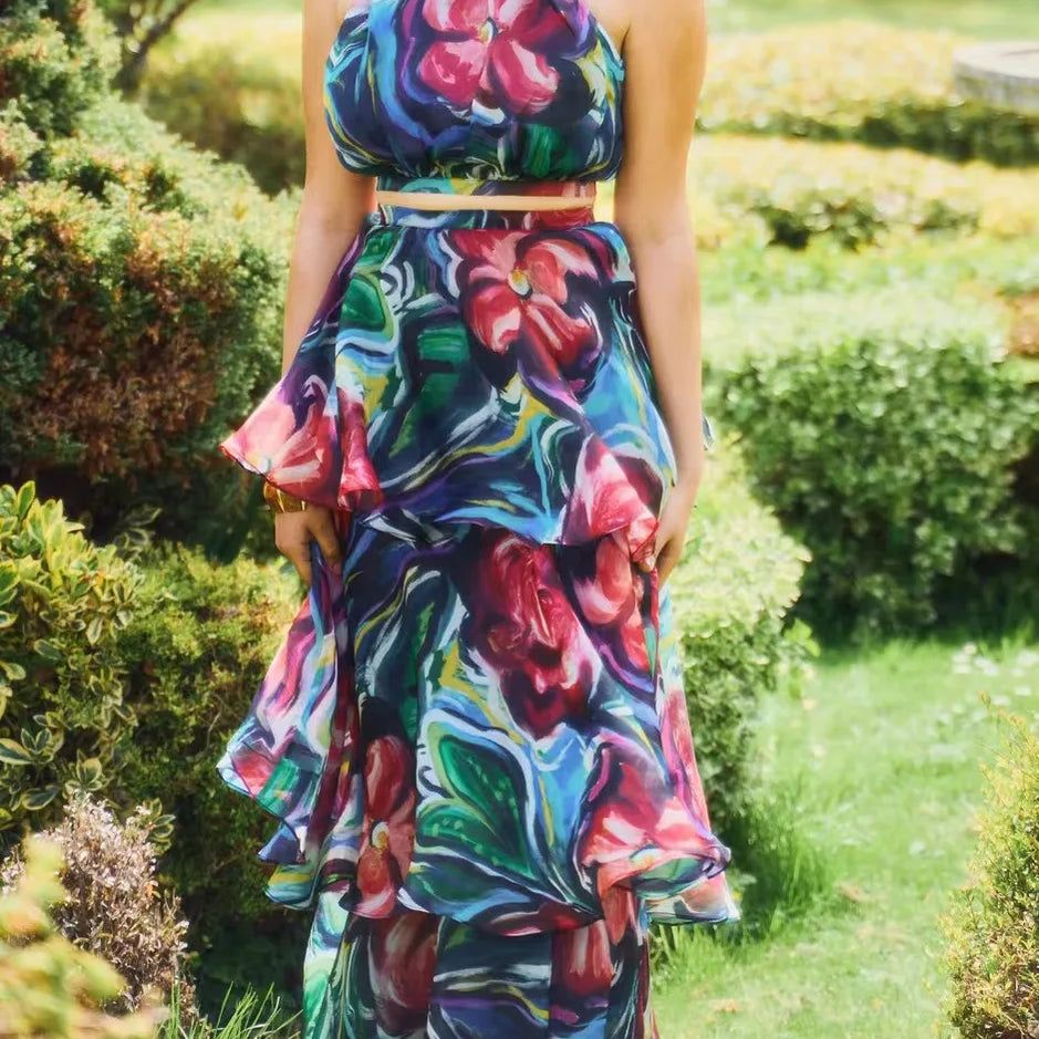 CM.YAYA Women Dress Sleeveless Printed Vest Long Ruffles 2024 Summer Beach Sexy Night Party Dresses Outfits