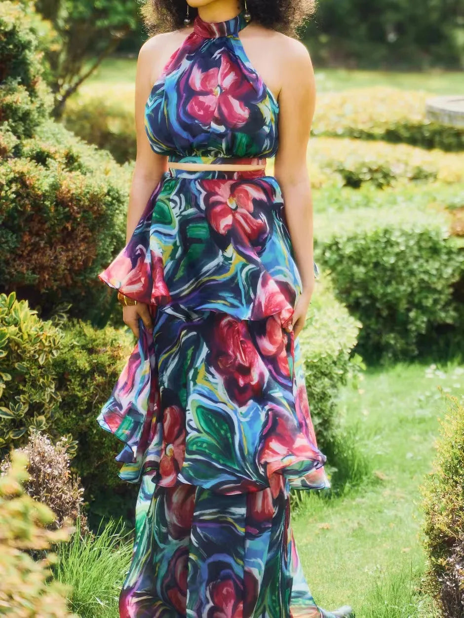 CM.YAYA Women Dress Sleeveless Printed Vest Long Ruffles 2024 Summer Beach Sexy Night Party Dresses Outfits