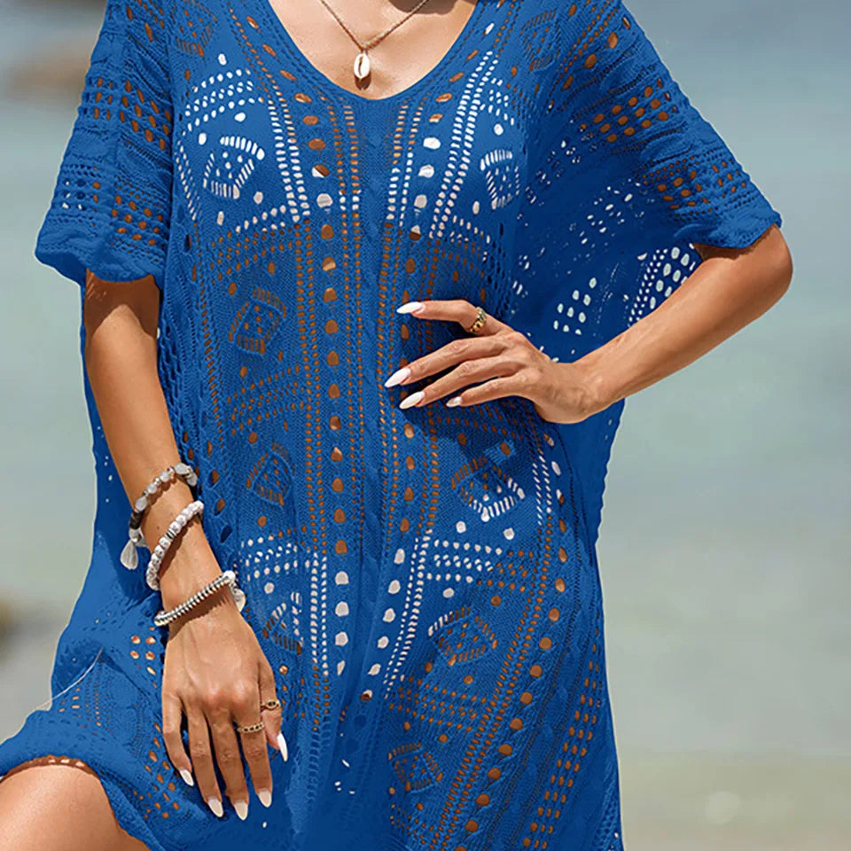 Sexy Knitted Hollow Out Beach Cover Up Midi Dress for Women Solid Sheer Mesh Tunic Ladies Outfits 2023 Summer Bikini Cover-ups