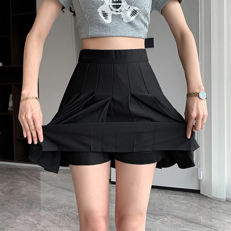 Korean Elastic High Waist Pleated Skirt Woman Black Gray Short A-Line Skirts for Women Summer Jk Uniform Mini Skirt