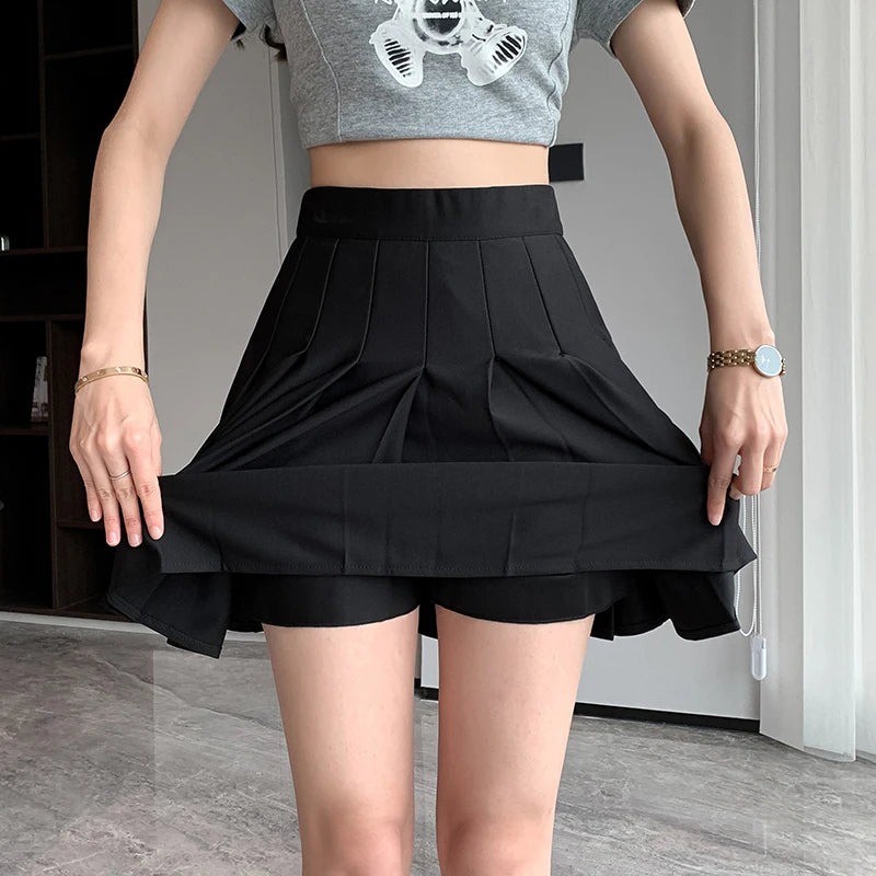 Korean Elastic High Waist Pleated Skirt Woman Black Gray Short A-Line Skirts for Women Summer Jk Uniform Mini Skirt