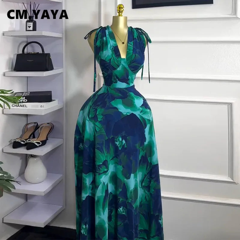 CM.YAYA Women Tie Dye Printed Sleeveless Big Swing Maxi Long Dress 2025 Summer Holiday Birthday Sexy Club Party Evening Dresses