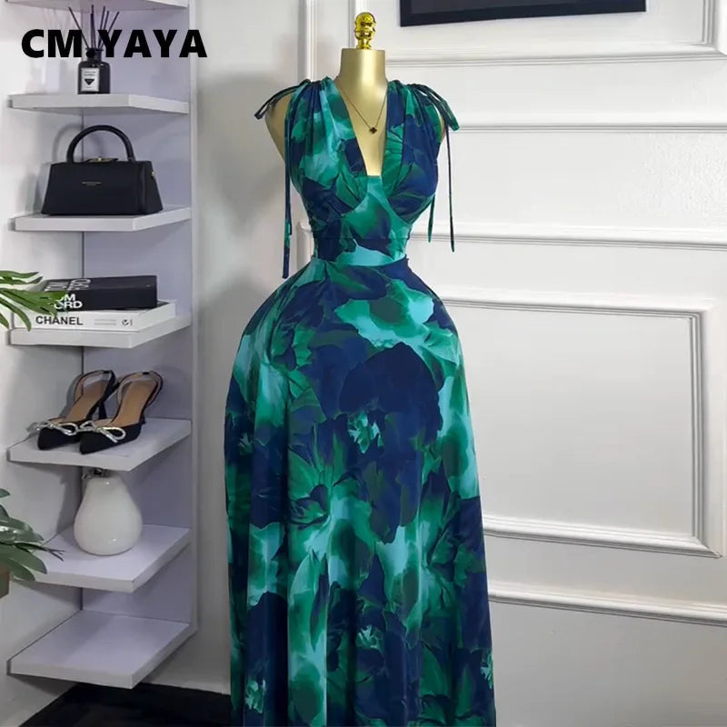 CM.YAYA Women Tie Dye Printed Sleeveless Big Swing Maxi Long Dress 2025 Summer Holiday Birthday Sexy Club Party Evening Dresses