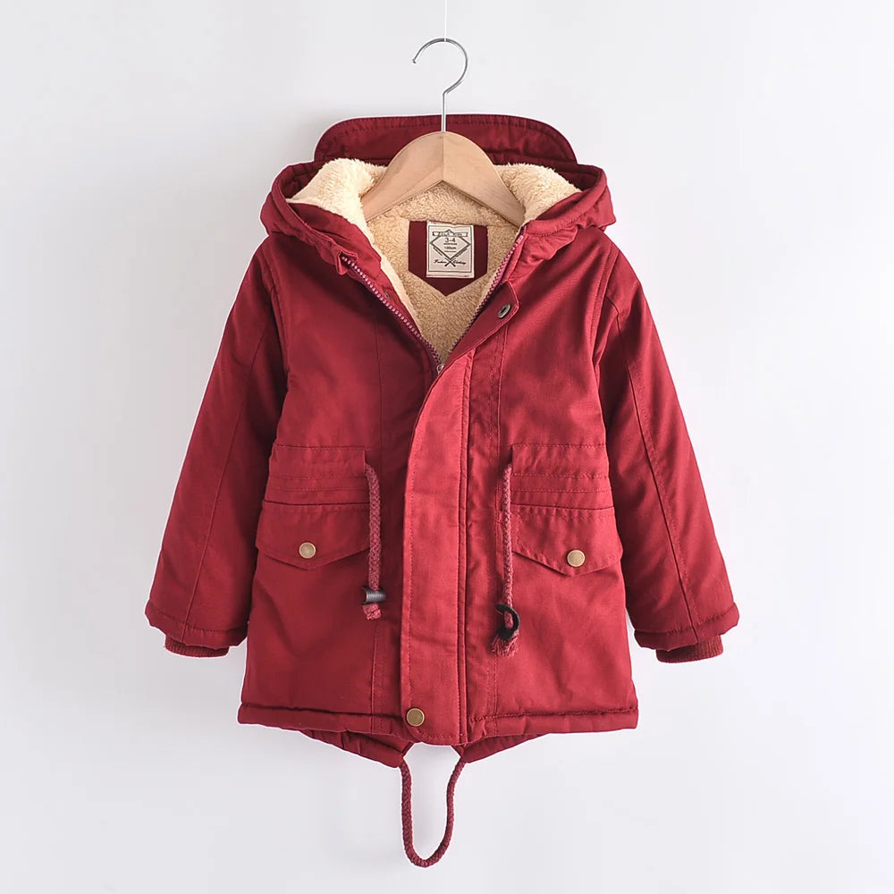 Boys Coats Autumn Winter Fashion Hooded Fur Children's Plus Velvet Warming Cotton Outerwear For Kids Jacket 5-14 Years RED 01