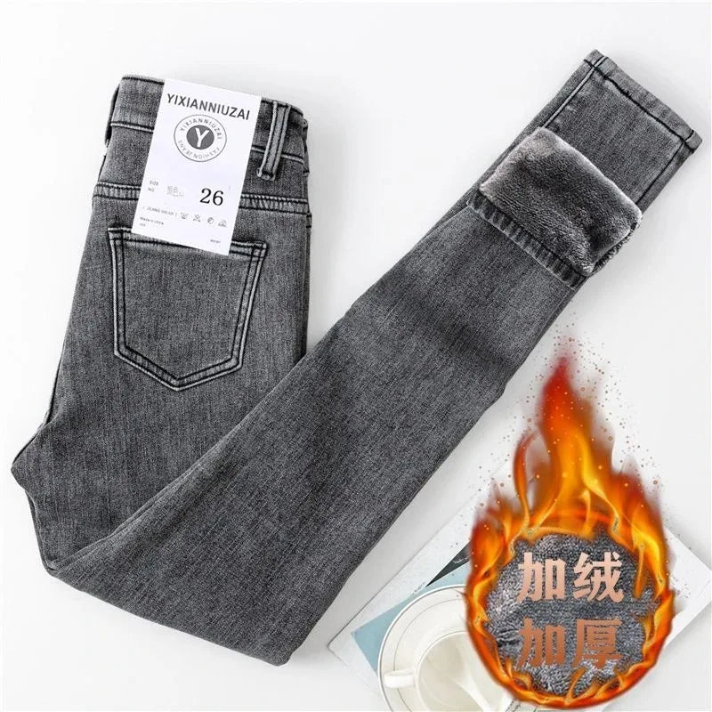 Skinny Velvet Lined Pencil Jeans High Waist Thicken Warm Denim Pants Winter Women Stretch Pantalones Skinny Casual Vaqueros New C