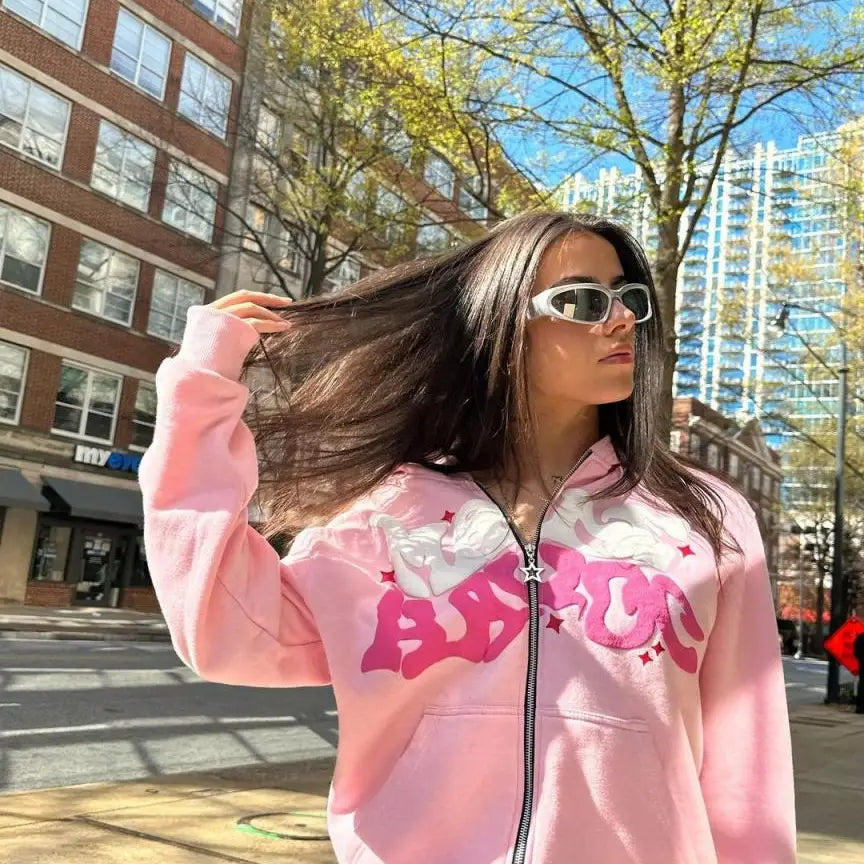 New Halloween Street Plus Loose Pink Printed Zipper Hoodie Hip Hop Fashion Friends Party Dress Y2K Clothes