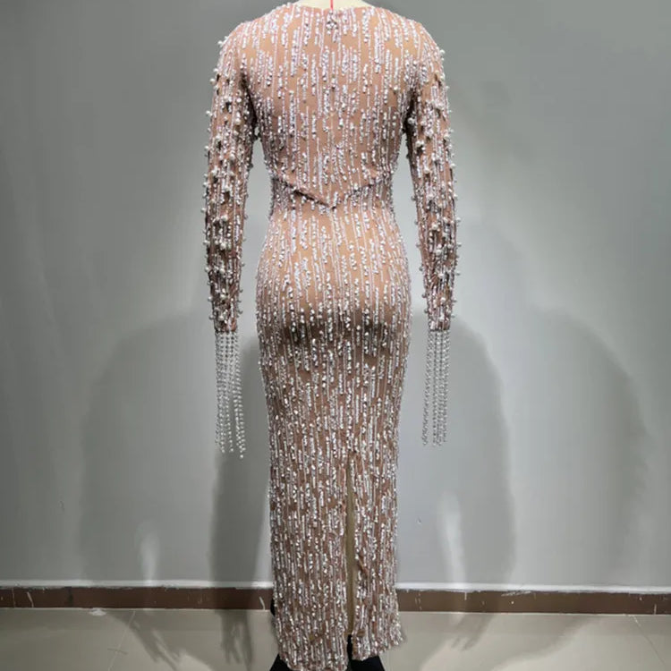 Elegant Evening Party Dress Women Long Sleeve Pearl Beading Bodycon Long Maxi Dress Birthday Party Cocktail Prom Dress
