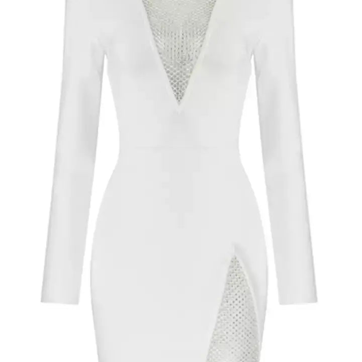 Vestido preto de inverno com contas pretas, manga longa, sexy, vazado, mini vestido de festa para celebridades, passarela