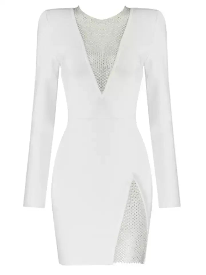 Vestido preto de inverno com contas pretas, manga longa, sexy, vazado, mini vestido de festa para celebridades, passarela