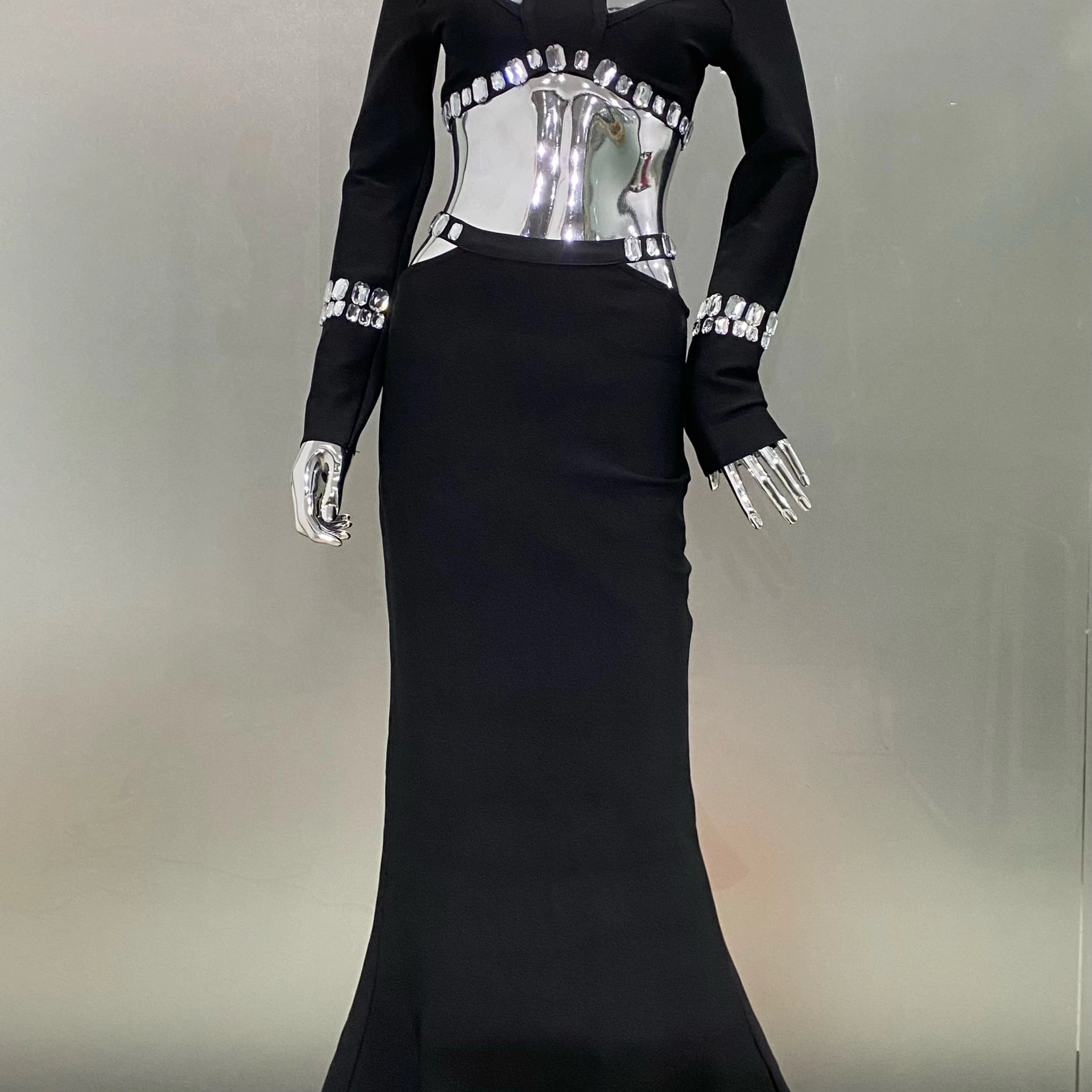 STOCK Stylish Luxury Diamonds Woman Bandage Set Sexy Hollow Out Short Top And Mermaid Long Skirt 2 Pieces  Evening Party Vestido