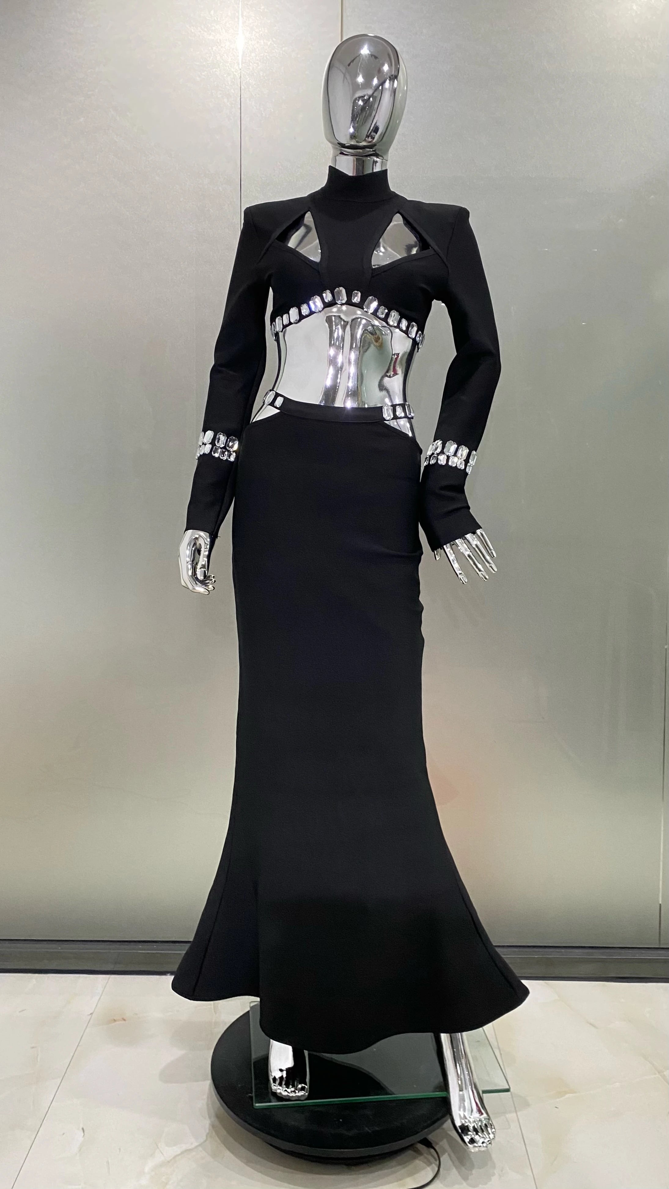 STOCK Stylish Luxury Diamonds Woman Bandage Set Sexy Hollow Out Short Top And Mermaid Long Skirt 2 Pieces  Evening Party Vestido