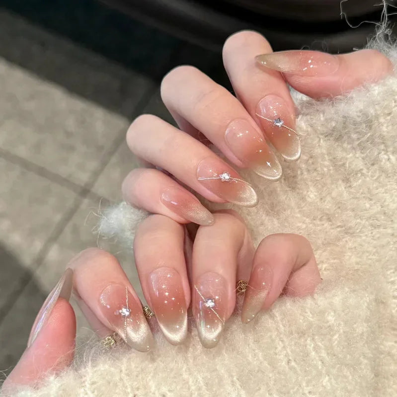 24Pcs Medium Almond Rainbow Colors Gradient Press on Nails Full  Cover Summer Cat Eye Design Wearing Fake Nails with Jelly Glue