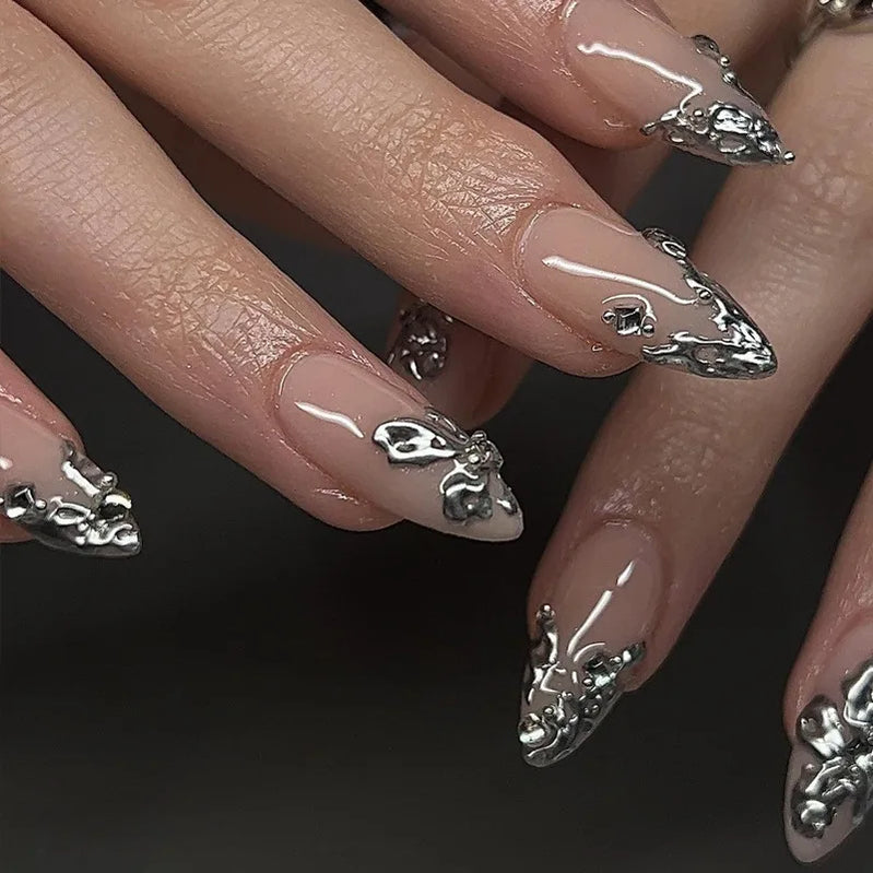 24Pcs Mid-length Black Smudge Press on Nails Y2K Silver Irregular Line Fake Nails Rhinestone Detachable Almond False Nails Tips