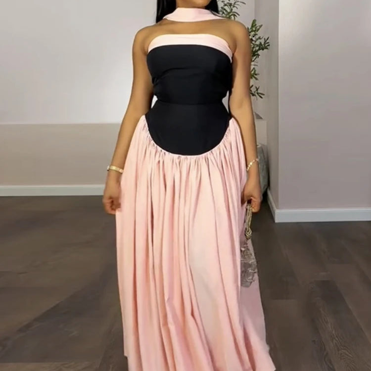 CM.YAYA Women Fashion Halter Neck Pleated Big Swing High Waist Maxi Long Dress 2025 Summer Party Night Club Vestidos Dresses