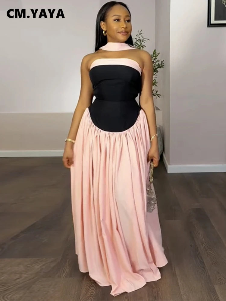 CM.YAYA Women Fashion Halter Neck Pleated Big Swing High Waist Maxi Long Dress 2025 Summer Party Night Club Vestidos Dresses