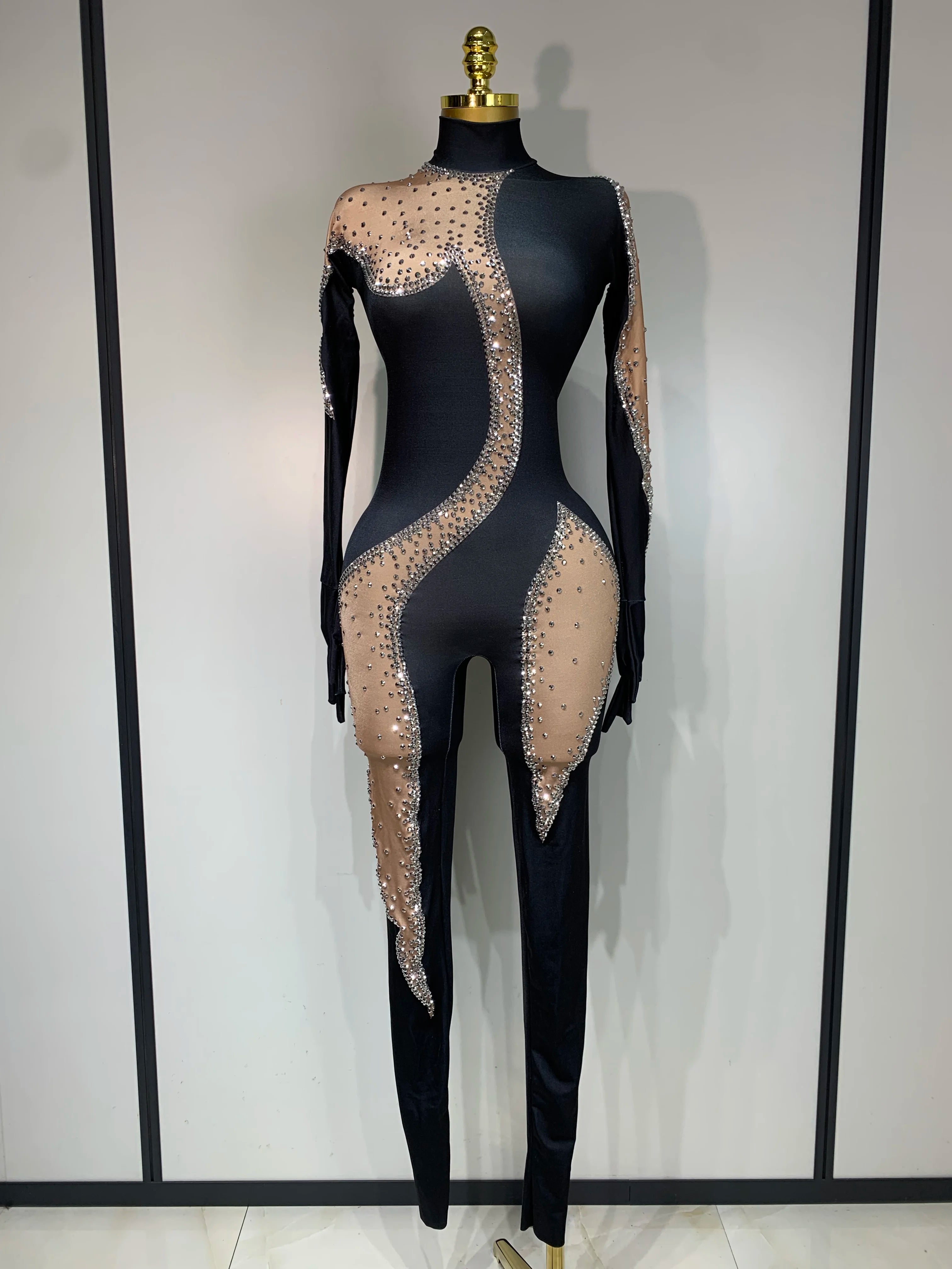 Fashion Sparkly Rhinestone Bodycon Bodysuit Female Singer Dancer Stage Perform Outfit Luxury Birthday Club Drag Queen Costume
