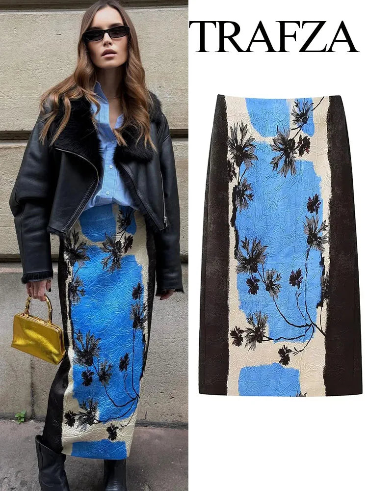 TRAFZA Summer New Fashion Holiday Printed Midi Long Skirt Zipper High Waist A Line Straight Skirts Vent Back Female Y2K