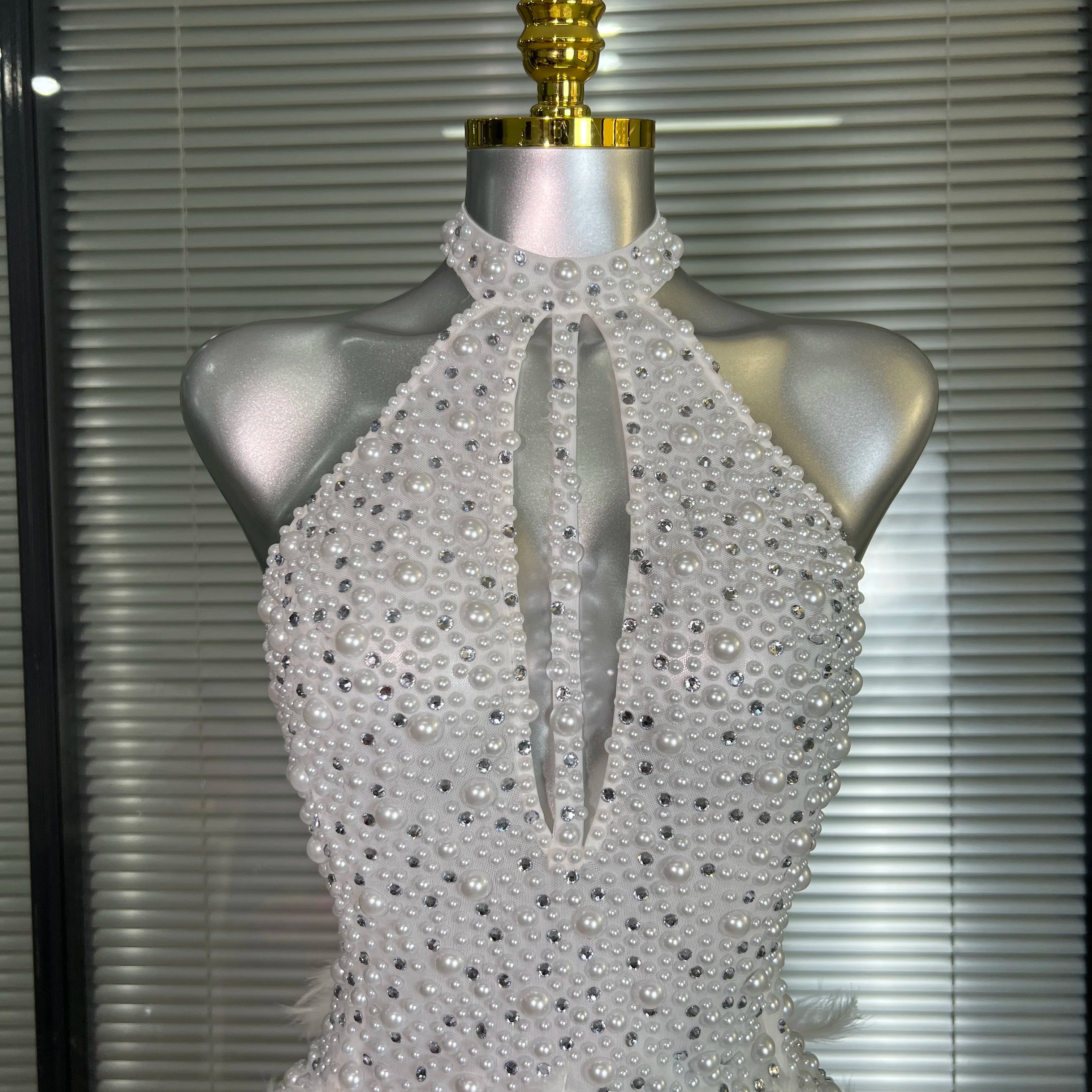Women Sexy White Backless Mesh Crystal Diamonds Feathers Performance Costume Stage Dancer Mini Stretchy Night Club Party Dress