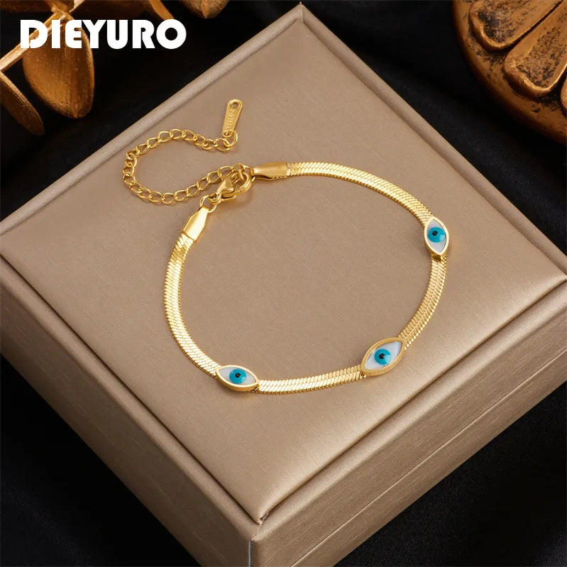 Dieyuro 316L Edelstahl Blaues Auge -Charmalme Armband für Frauen rostbezogene goldene Farbe Mädchen Handgelenk Schmuckparty Hochzeitsgeschenke