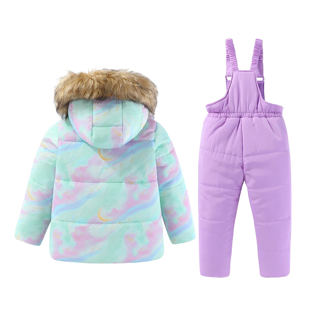 4-7T Kids Girls Ski Suits Winter Warm Coat Jackets Pants Snowboard Skiing Suit Set Snow Suits Thick Cotton Padded