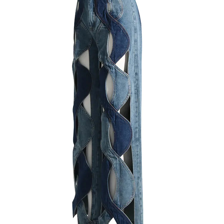 Spring Hollow Out Jeans For Women High Waist Patchwork Zipper Casual Wide Leg Pants Female Fashion Clothing New