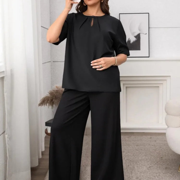 Plus Size Summer 2 Two Piece Set Women Pleated Short Sleeve Modis Casual Ladies Blouses Loose Wide Leg Elastic Waist Woman Pant